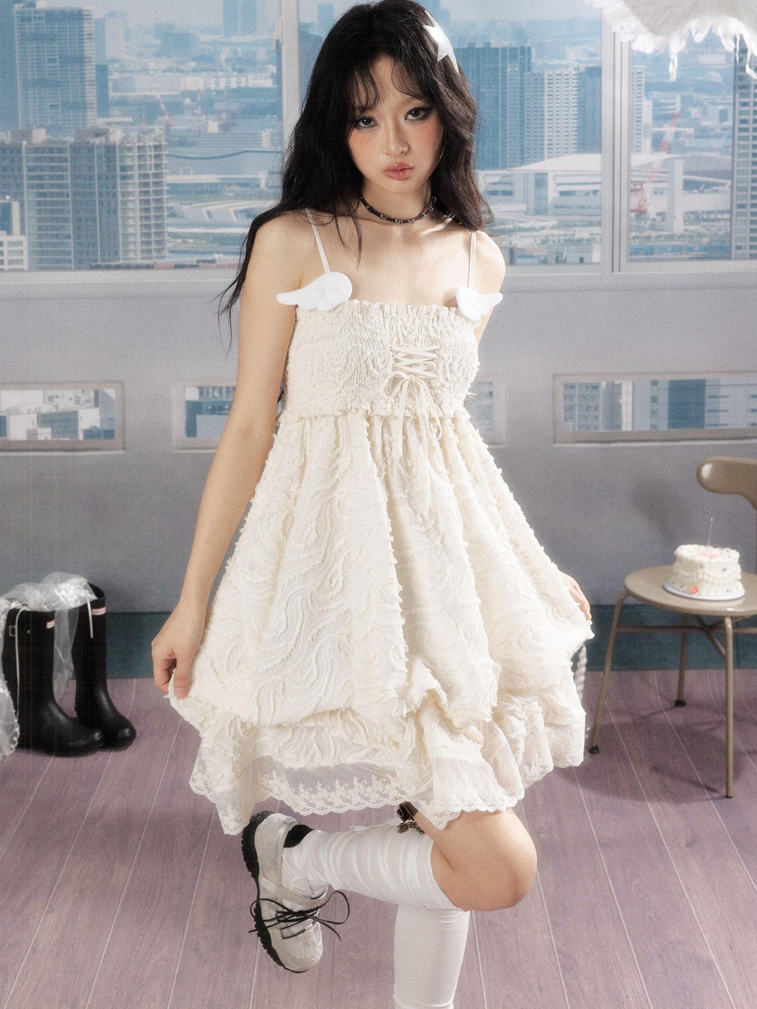 ALL iN plan Ivory Lace Panel Shirred Ruching Women&