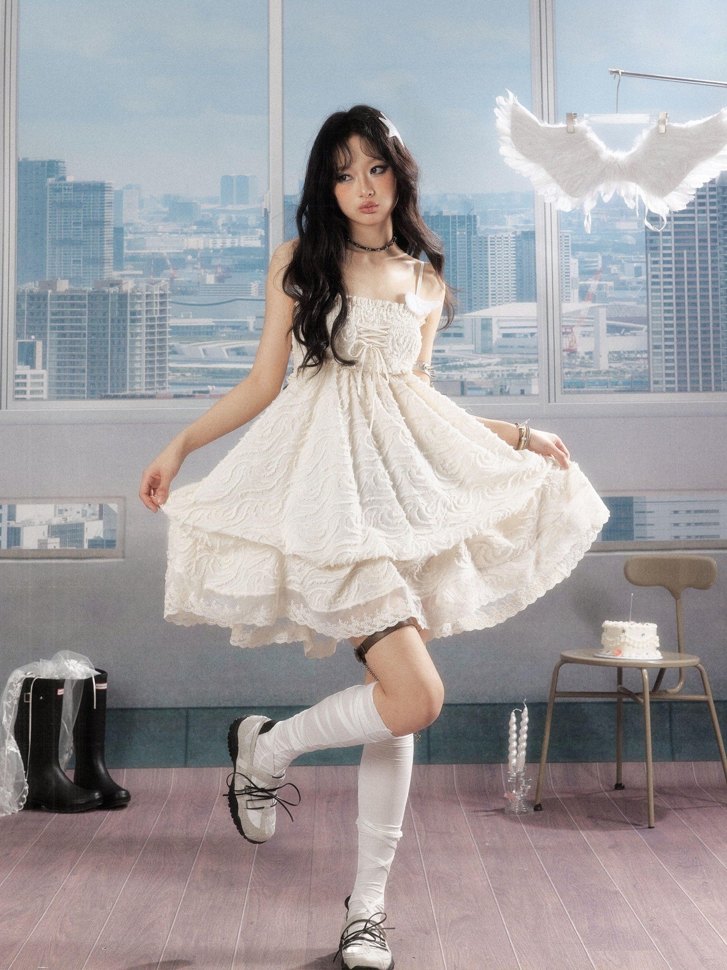 ALL iN plan Ivory Lace Panel Shirred Ruching Women&