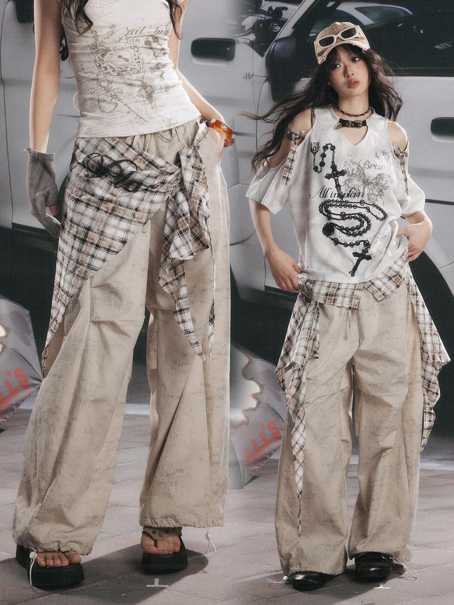 ALL iN plan Khaki Detachable Plaid Lace Trim Bow Straight Women&
