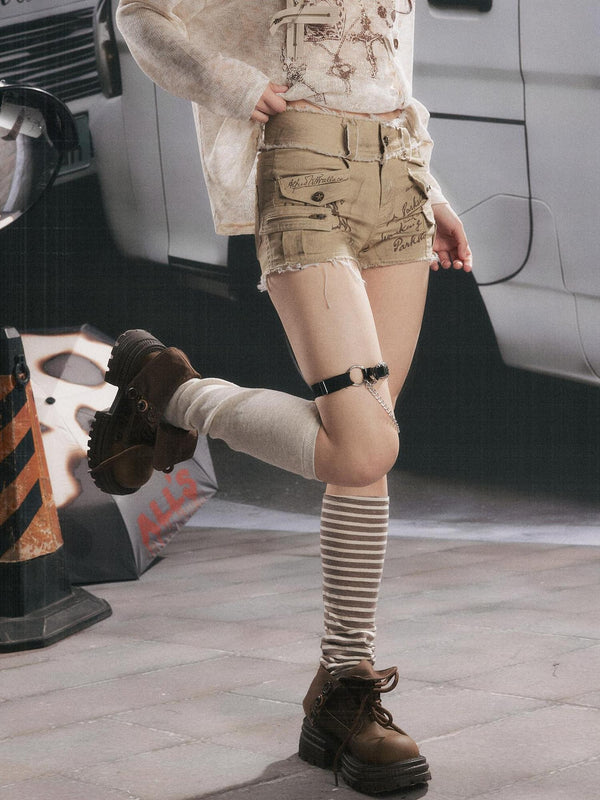 Khaki Distressed Double Layer Waist Utility Women's Cotton Cargo Shorts