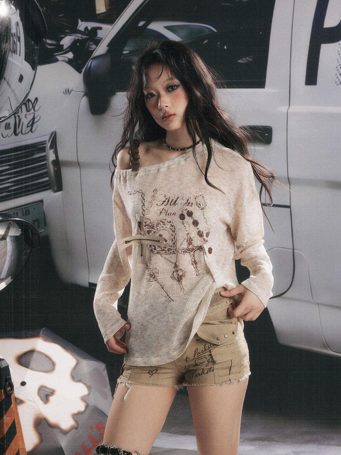 ALL iN plan Khaki Distressed Double Layer Waist Utility Women&