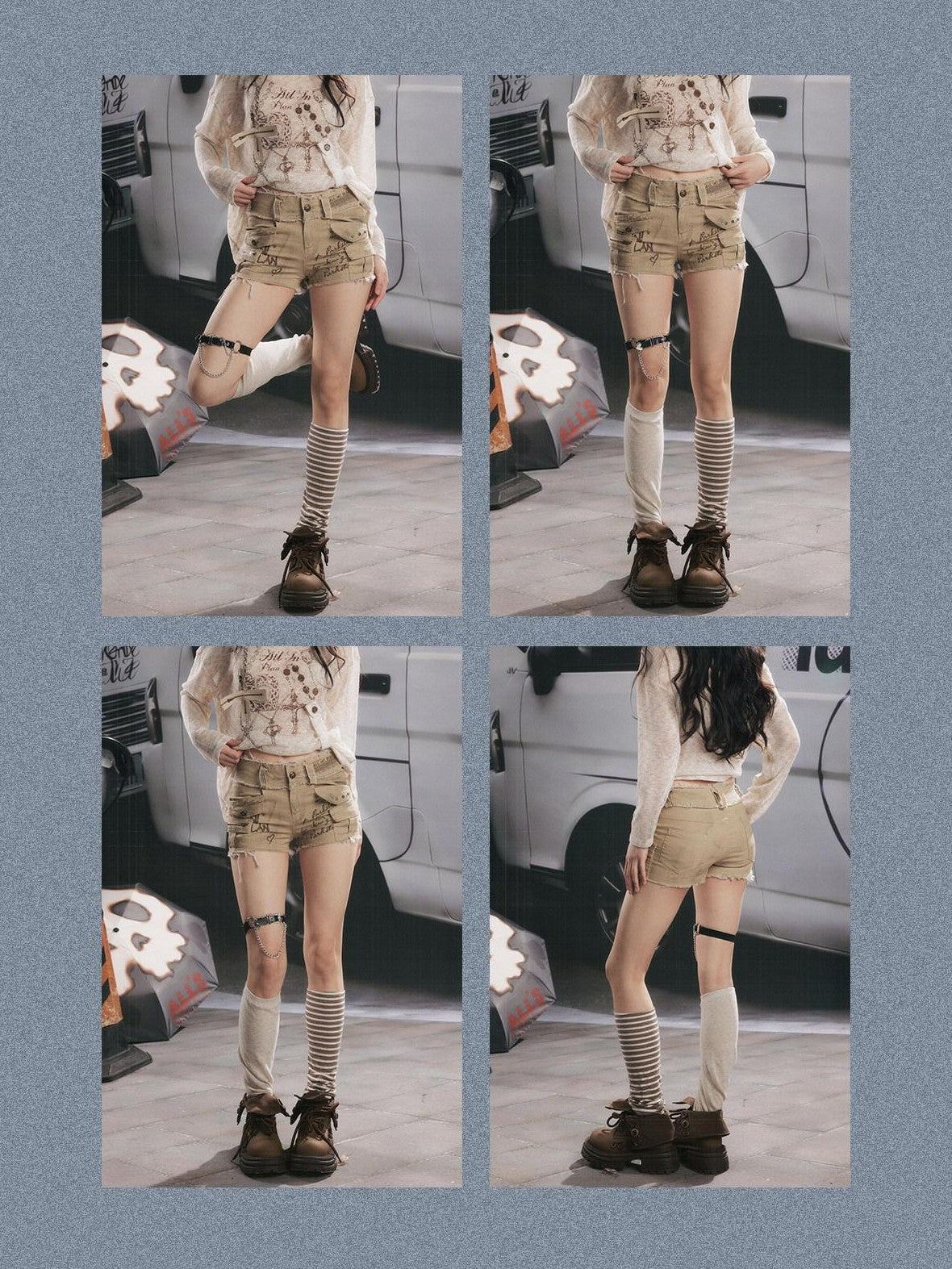 ALL iN plan Khaki Distressed Double Layer Waist Utility Women&
