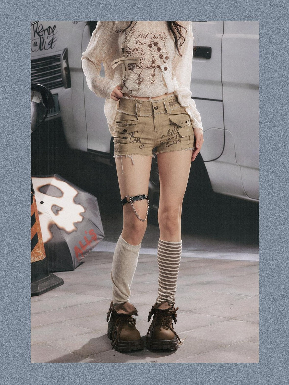 ALL iN plan Khaki Distressed Double Layer Waist Utility Women&