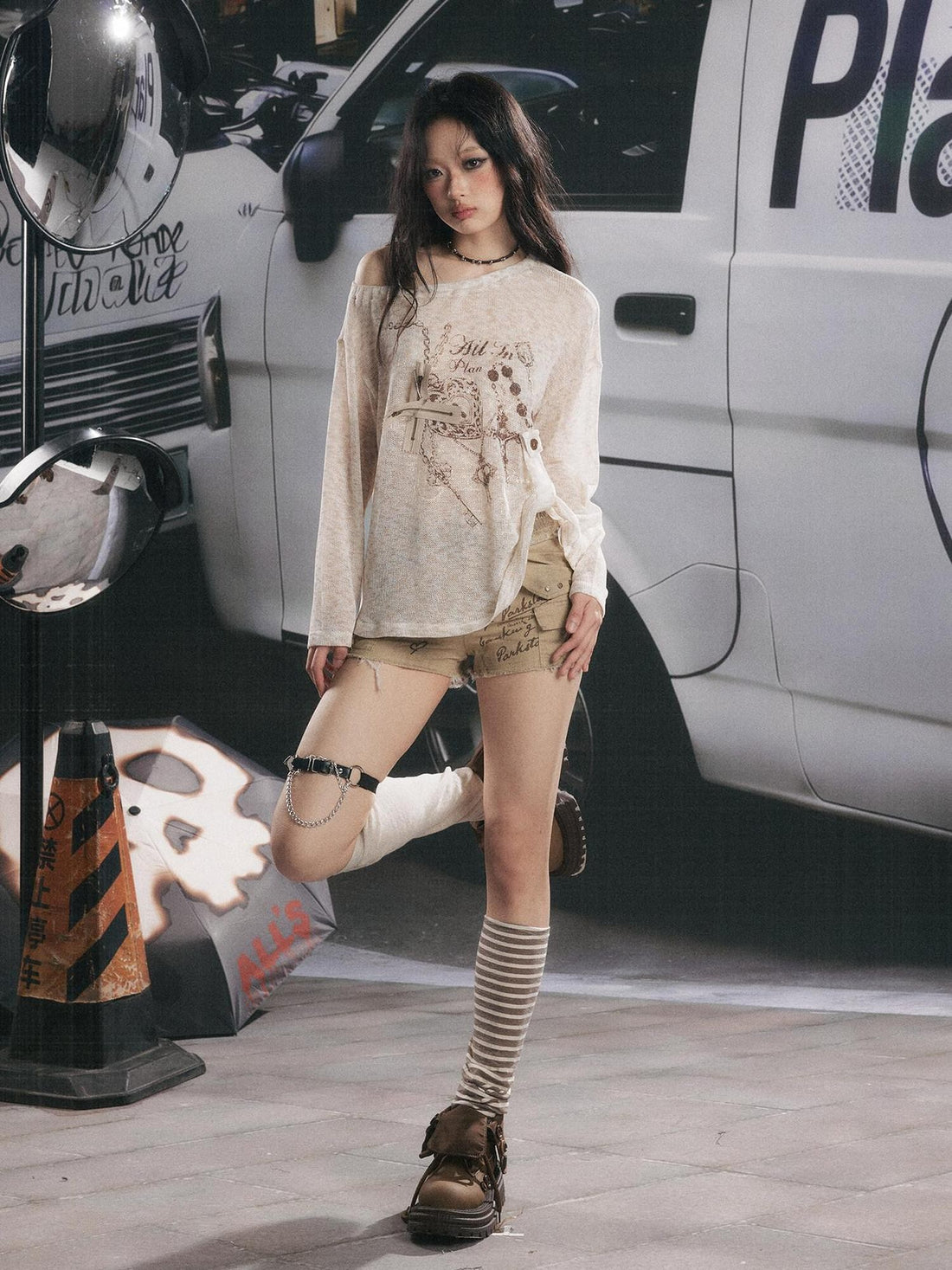 ALL iN plan Khaki Distressed Double Layer Waist Utility Women&