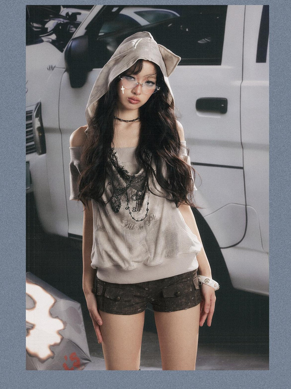 ALL iN plan Khaki Hooded Off Shoulder Boat Neck Bow Women&