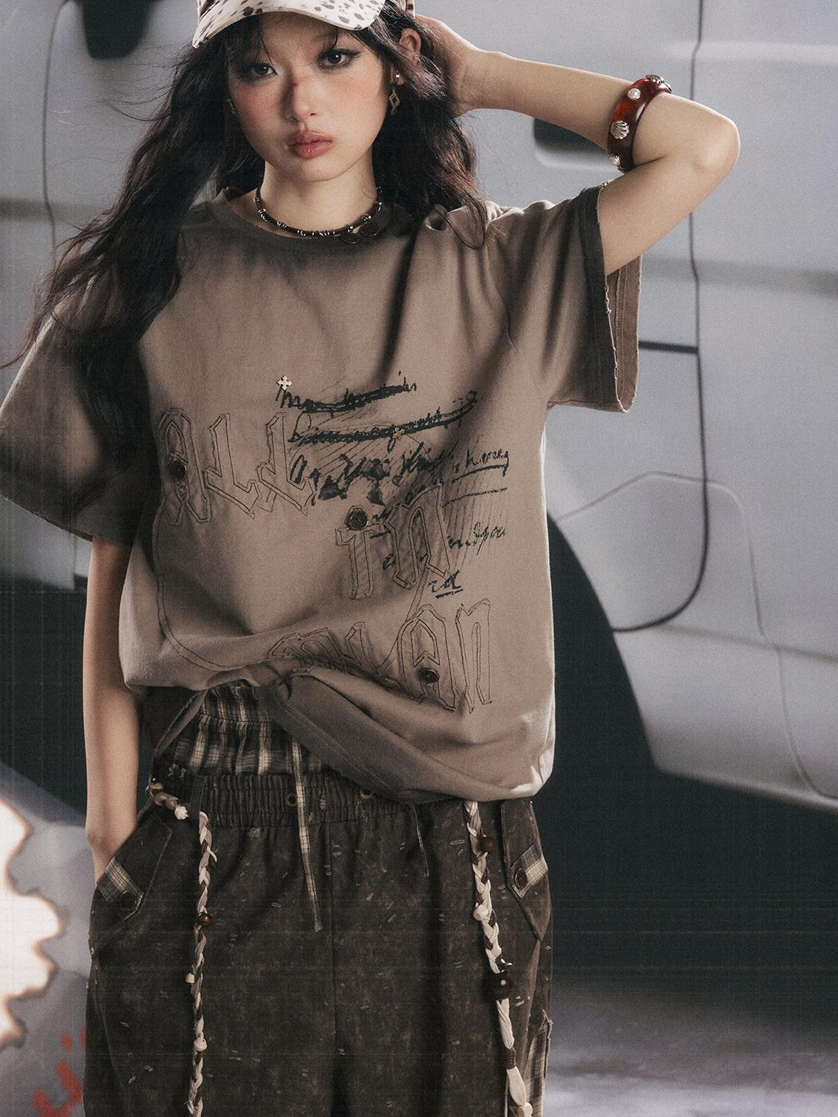 ALL iN plan Khaki Loose Crewneck Bow Letter Print Women&