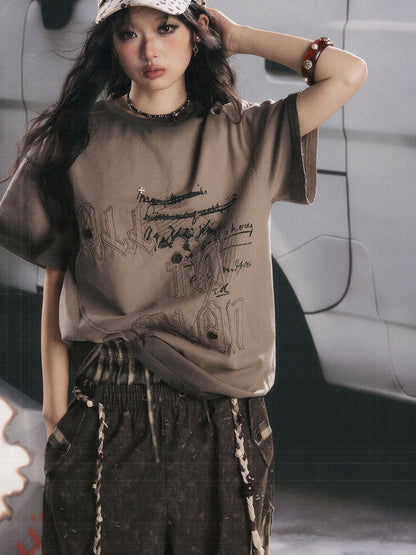 ALL iN plan Khaki Loose Crewneck Bow Letter Print Women&