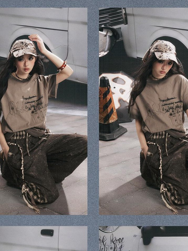 ALL iN plan Khaki Loose Crewneck Bow Letter Print Women&