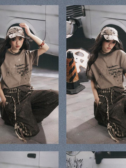 ALL iN plan Khaki Loose Crewneck Bow Letter Print Women&