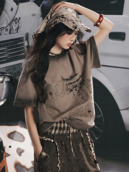 ALL iN plan Khaki Loose Crewneck Bow Letter Print Women&