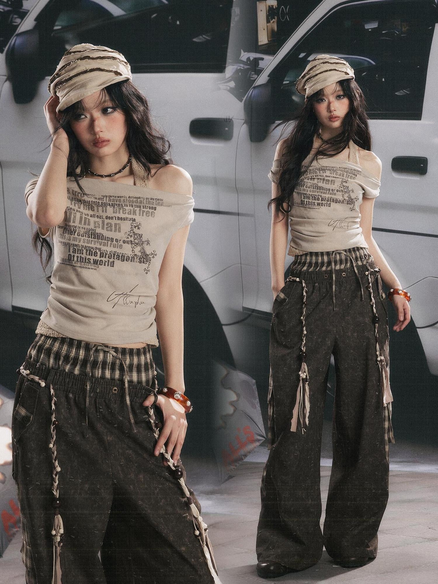 ALL iN plan Khaki One Shoulder Halter Letter Print Women&