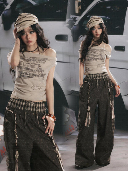 ALL iN plan Khaki One Shoulder Halter Letter Print Women&
