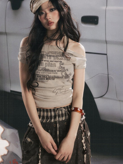 ALL iN plan Khaki One Shoulder Halter Letter Print Women&