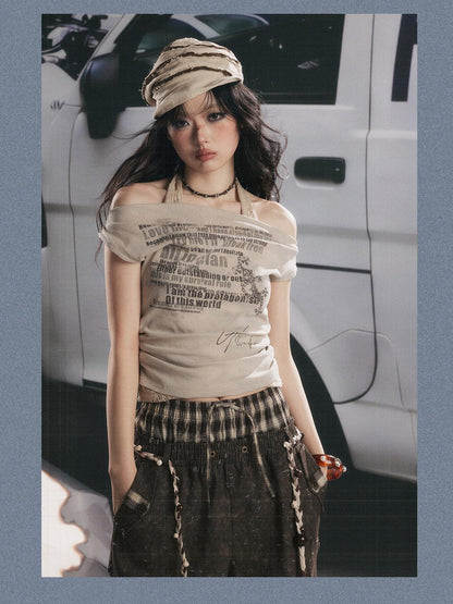 ALL iN plan Khaki One Shoulder Halter Letter Print Women&