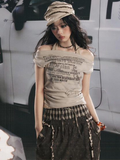 ALL iN plan Khaki One Shoulder Halter Letter Print Women&