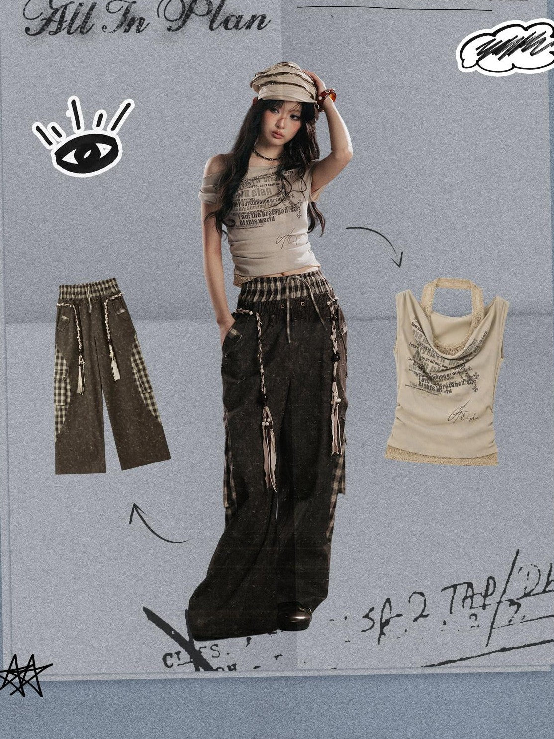 ALL iN plan Khaki One Shoulder Halter Letter Print Women&