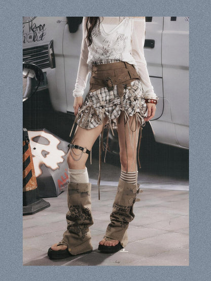 ALL iN plan Khaki Plaid Patchwork Wide Waistband Long Ribbon Women&