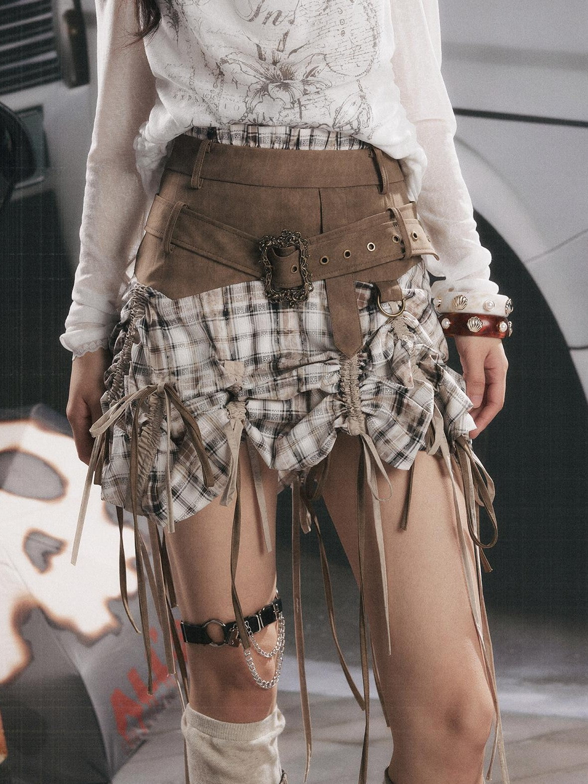 ALL iN plan Khaki Plaid Patchwork Wide Waistband Long Ribbon Women&