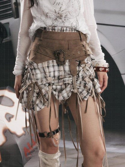 ALL iN plan Khaki Plaid Patchwork Wide Waistband Long Ribbon Women&