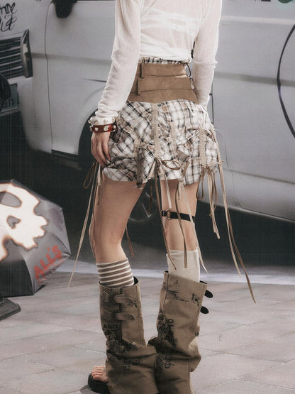 ALL iN plan Khaki Plaid Patchwork Wide Waistband Long Ribbon Women&