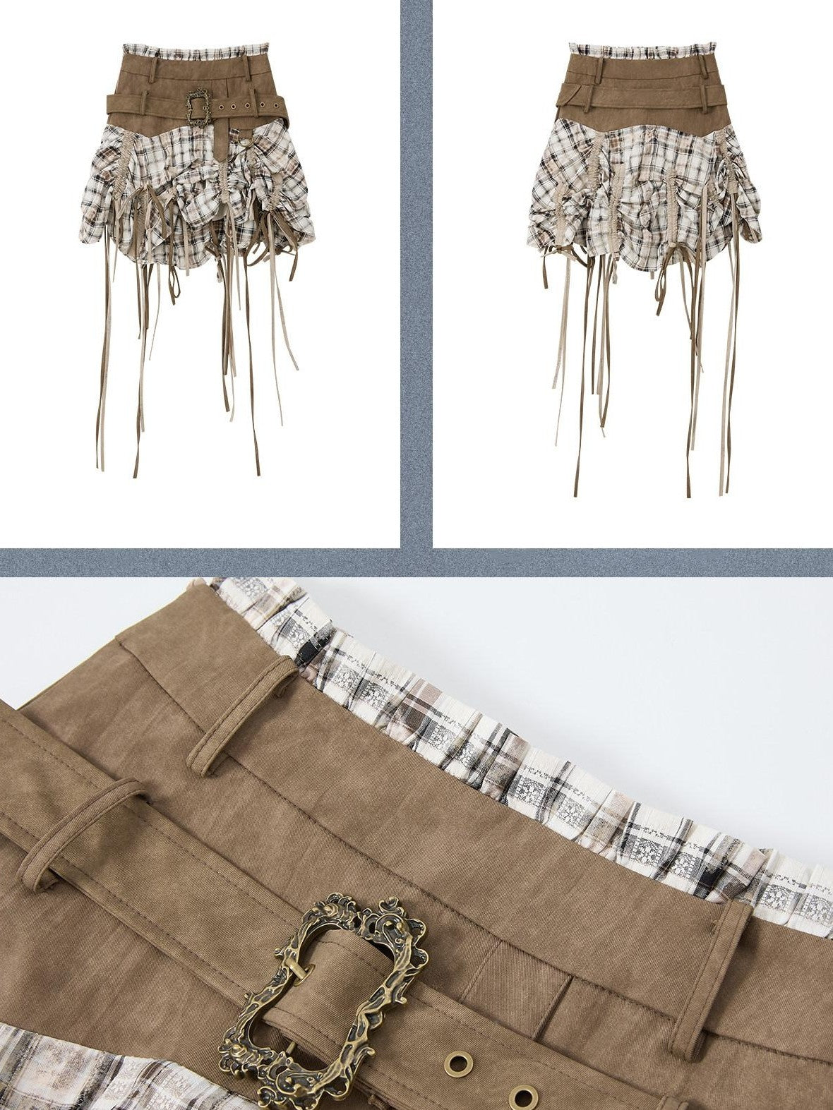 ALL iN plan Khaki Plaid Patchwork Wide Waistband Long Ribbon Women&