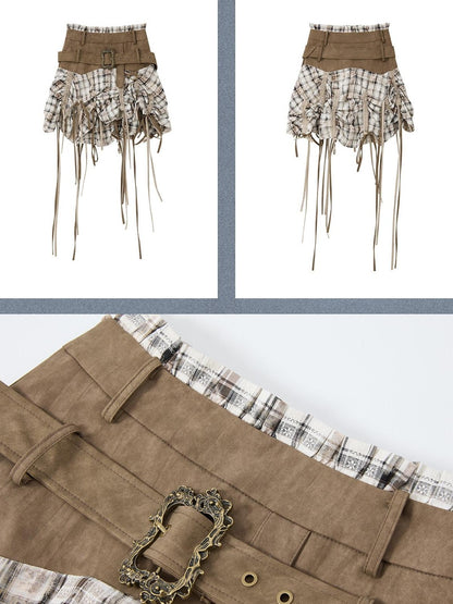 ALL iN plan Khaki Plaid Patchwork Wide Waistband Long Ribbon Women&