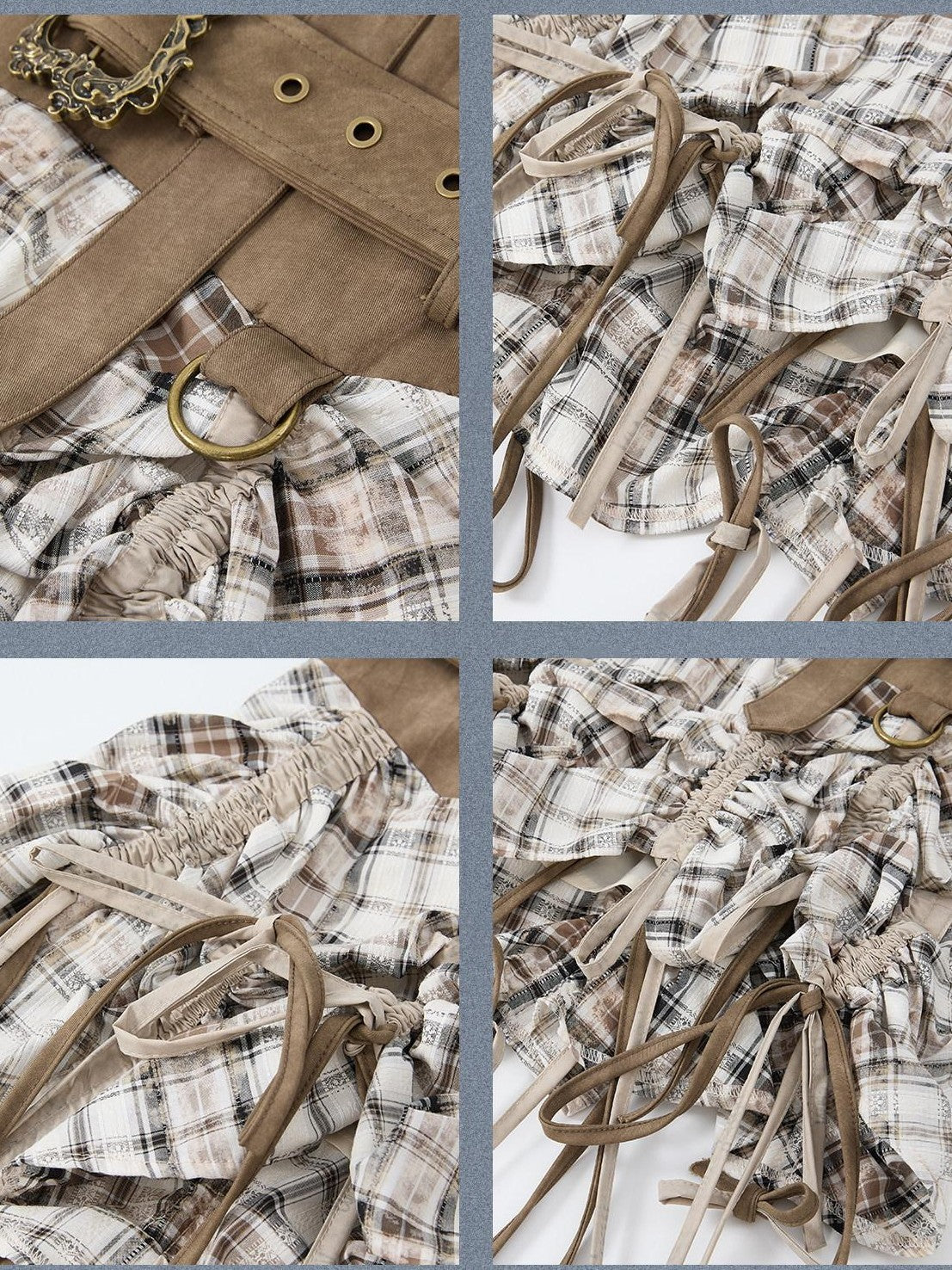 ALL iN plan Khaki Plaid Patchwork Wide Waistband Long Ribbon Women&