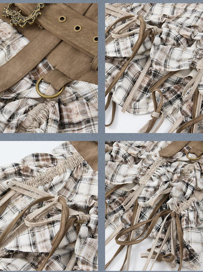 ALL iN plan Khaki Plaid Patchwork Wide Waistband Long Ribbon Women&