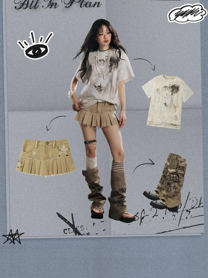ALL iN plan Khaki Pleated Star Tiered Low Waist Women&