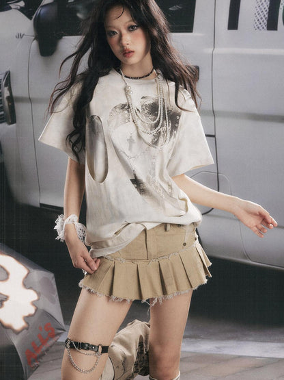 ALL iN plan Khaki Pleated Star Tiered Low Waist Women&