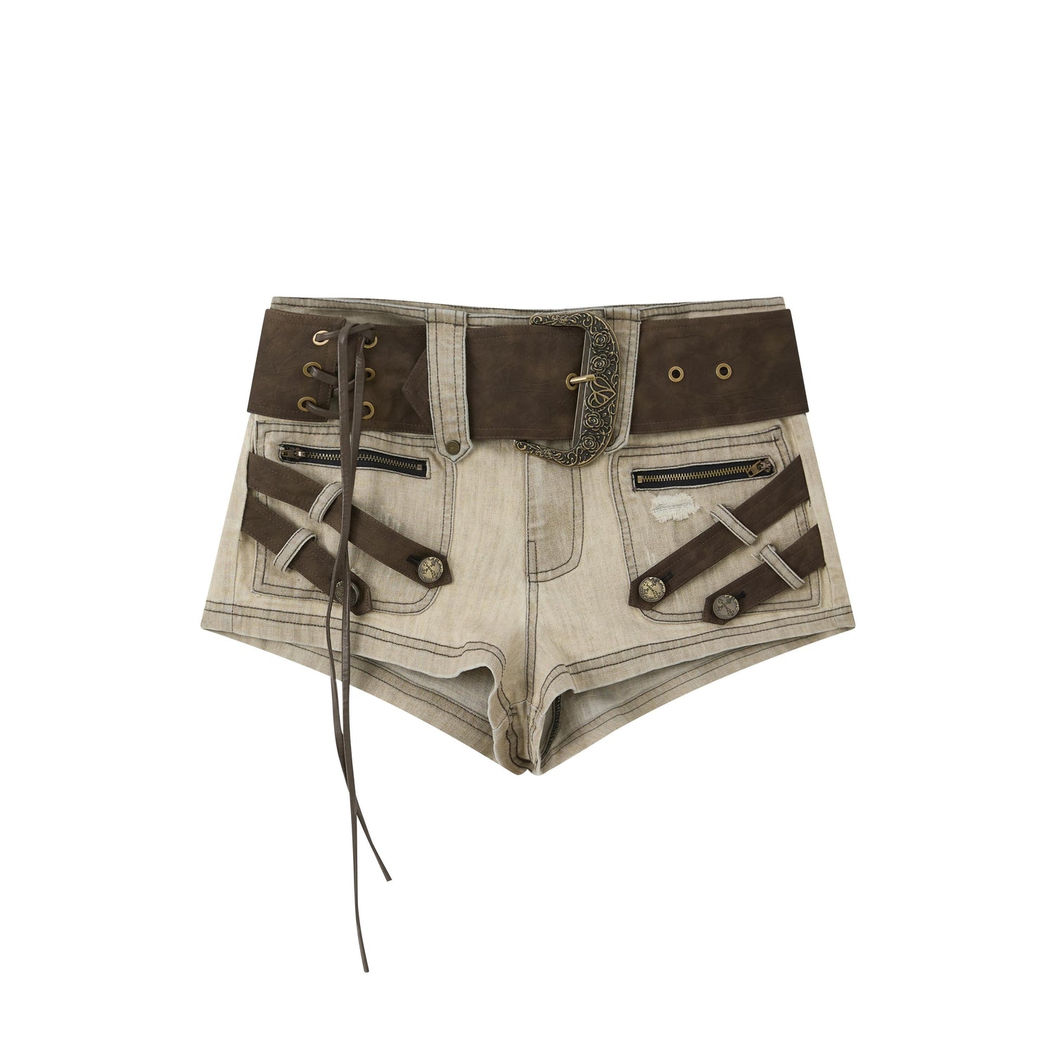 ALL_iN_plan_Khaki_Ultra_Short_Low_Waist_Buckle_Pocket_Women&