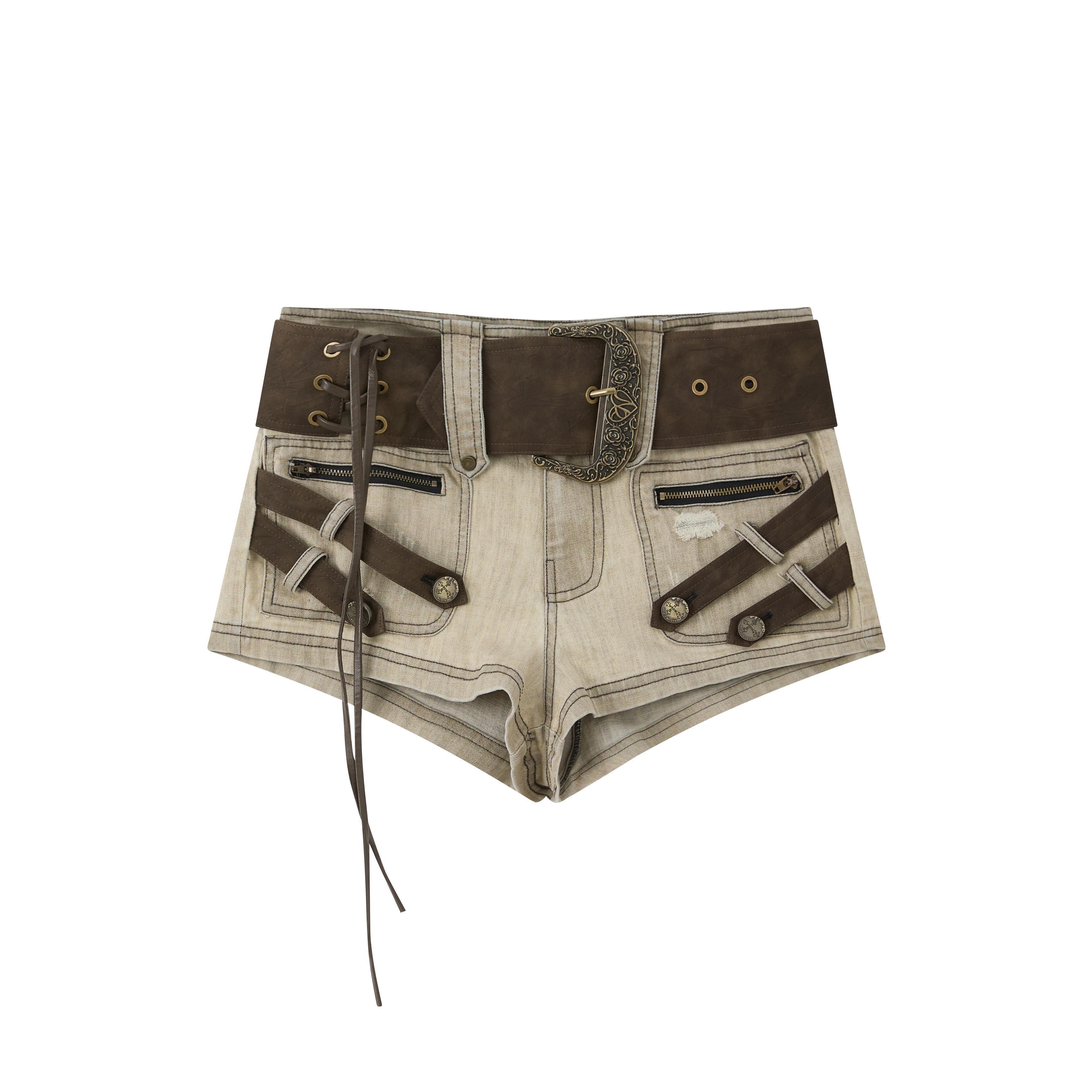 ALL_iN_plan_Khaki_Ultra_Short_Low_Waist_Buckle_Pocket_Women&