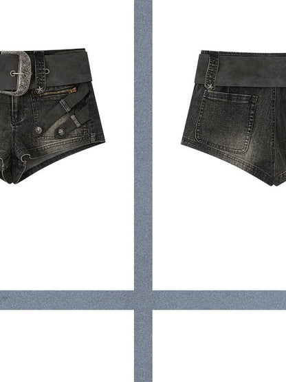 ALL iN plan Khaki Ultra Short Low Waist Buckle Pocket Women&