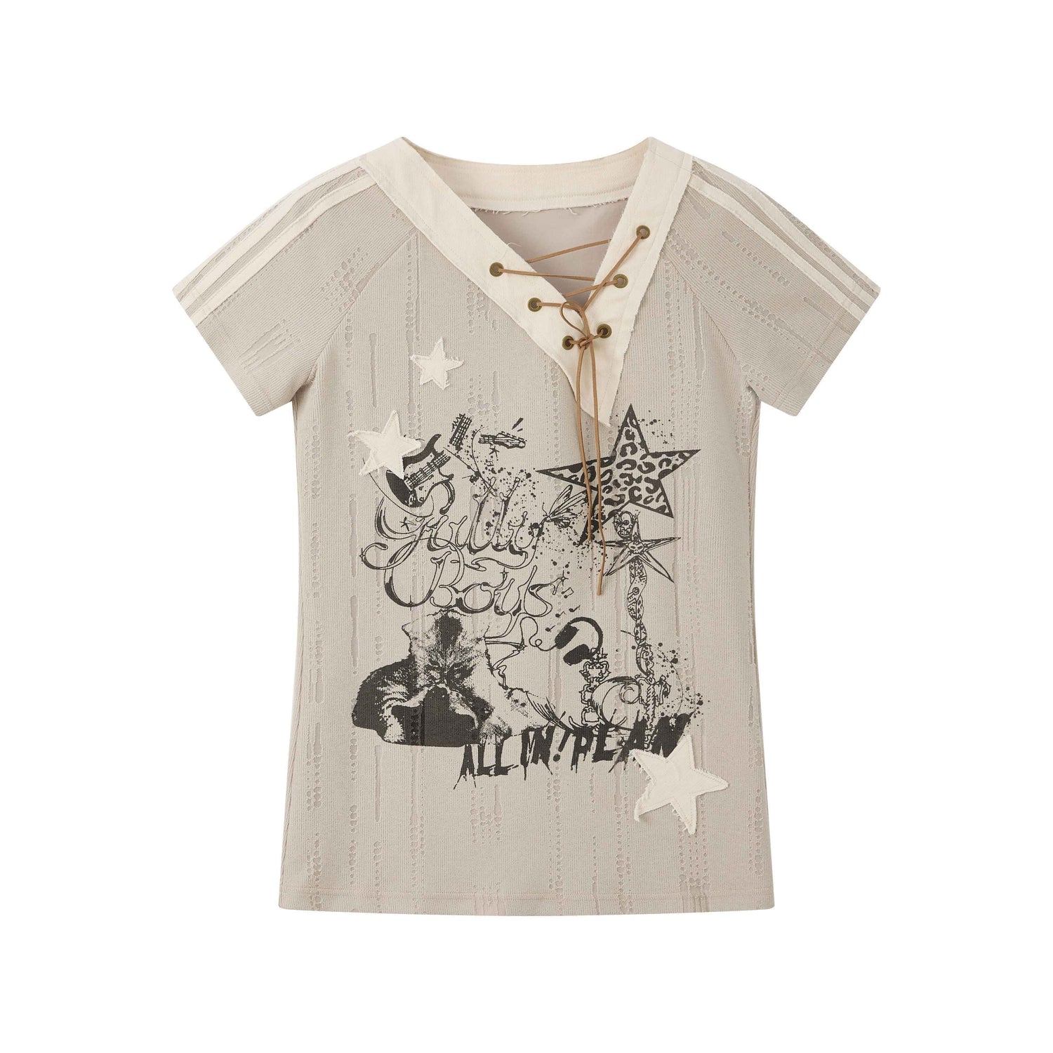 ALL_iN_plan_Khaki_V-neck_Drawstring_Letter_Print_Women&