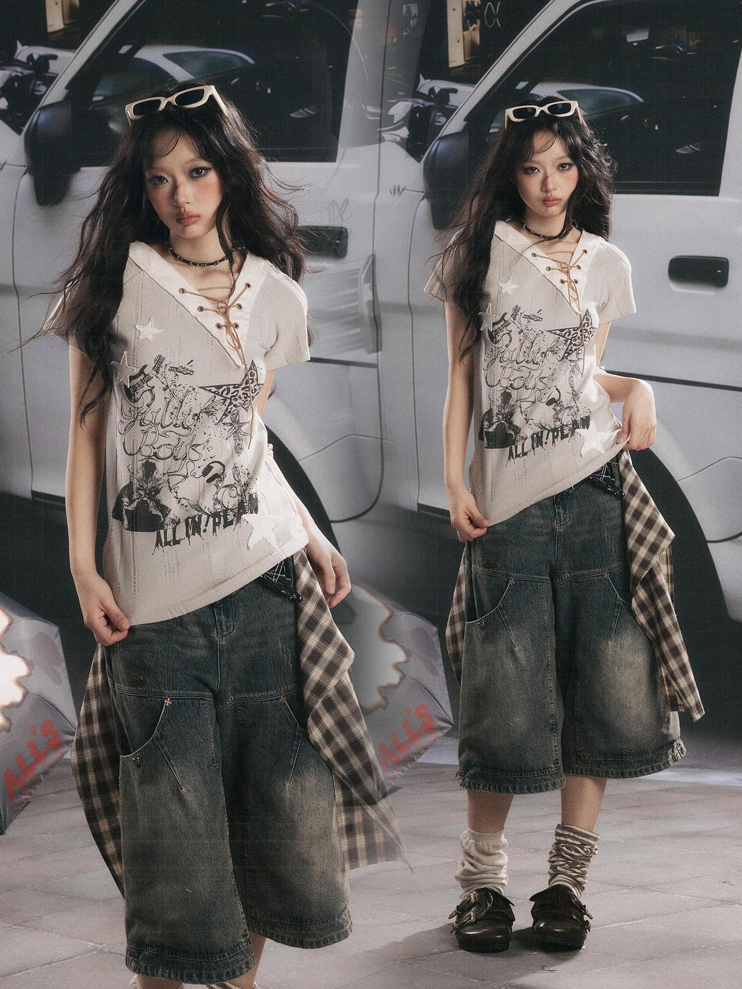 ALL iN plan Khaki V-neck Drawstring Letter Print Women&
