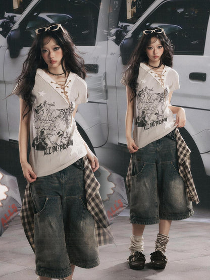 ALL iN plan Khaki V-neck Drawstring Letter Print Women&