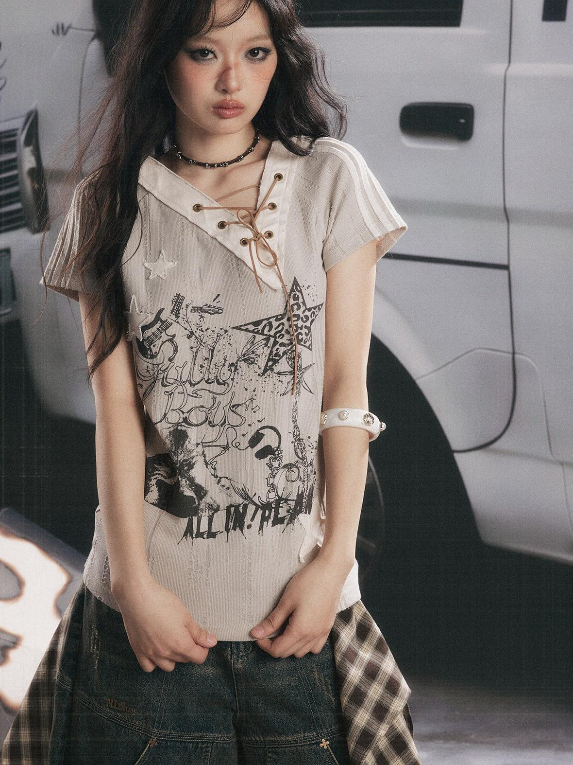 ALL iN plan Khaki V-neck Drawstring Letter Print Women&