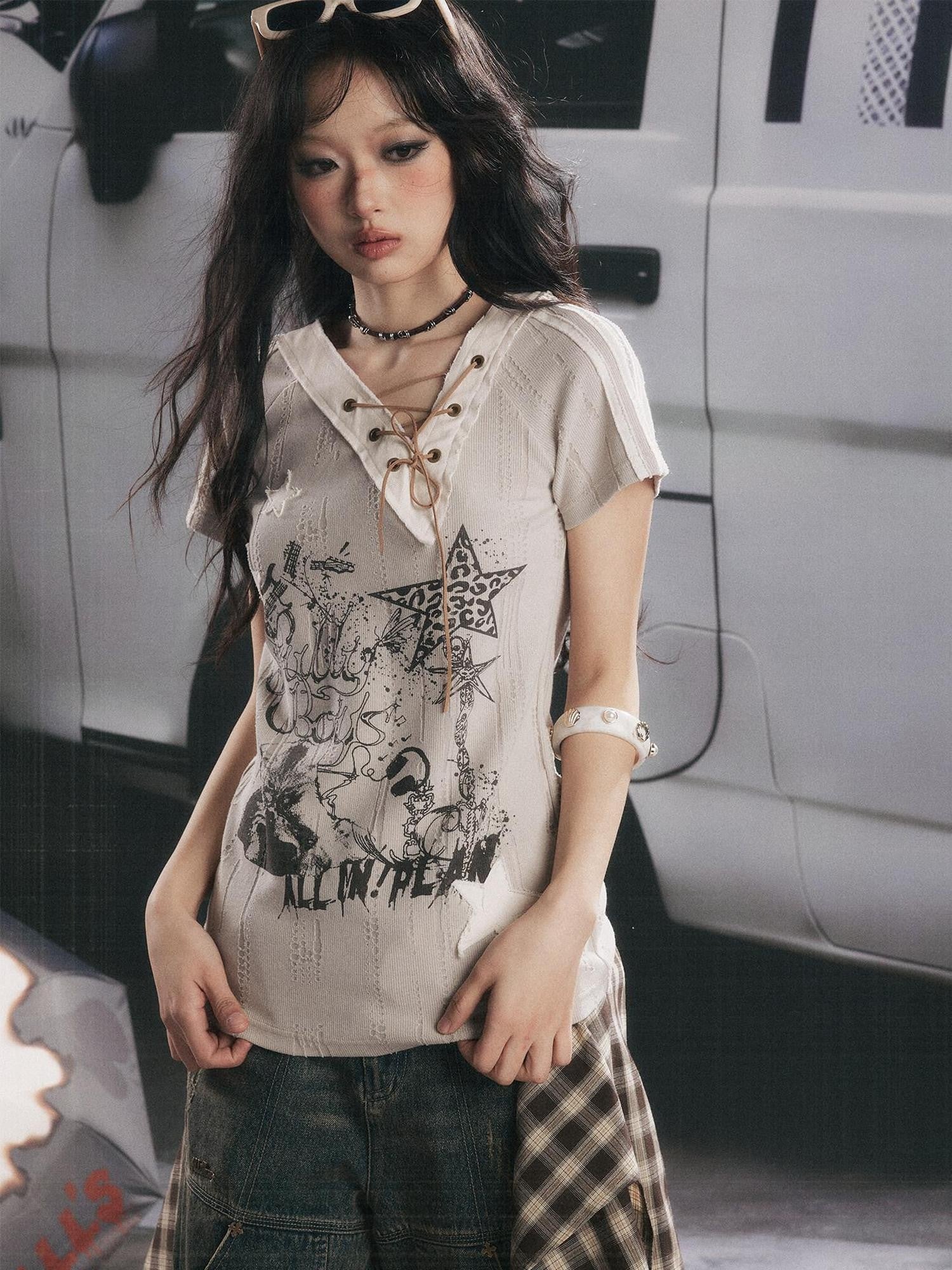 ALL iN plan Khaki V-neck Drawstring Letter Print Women&