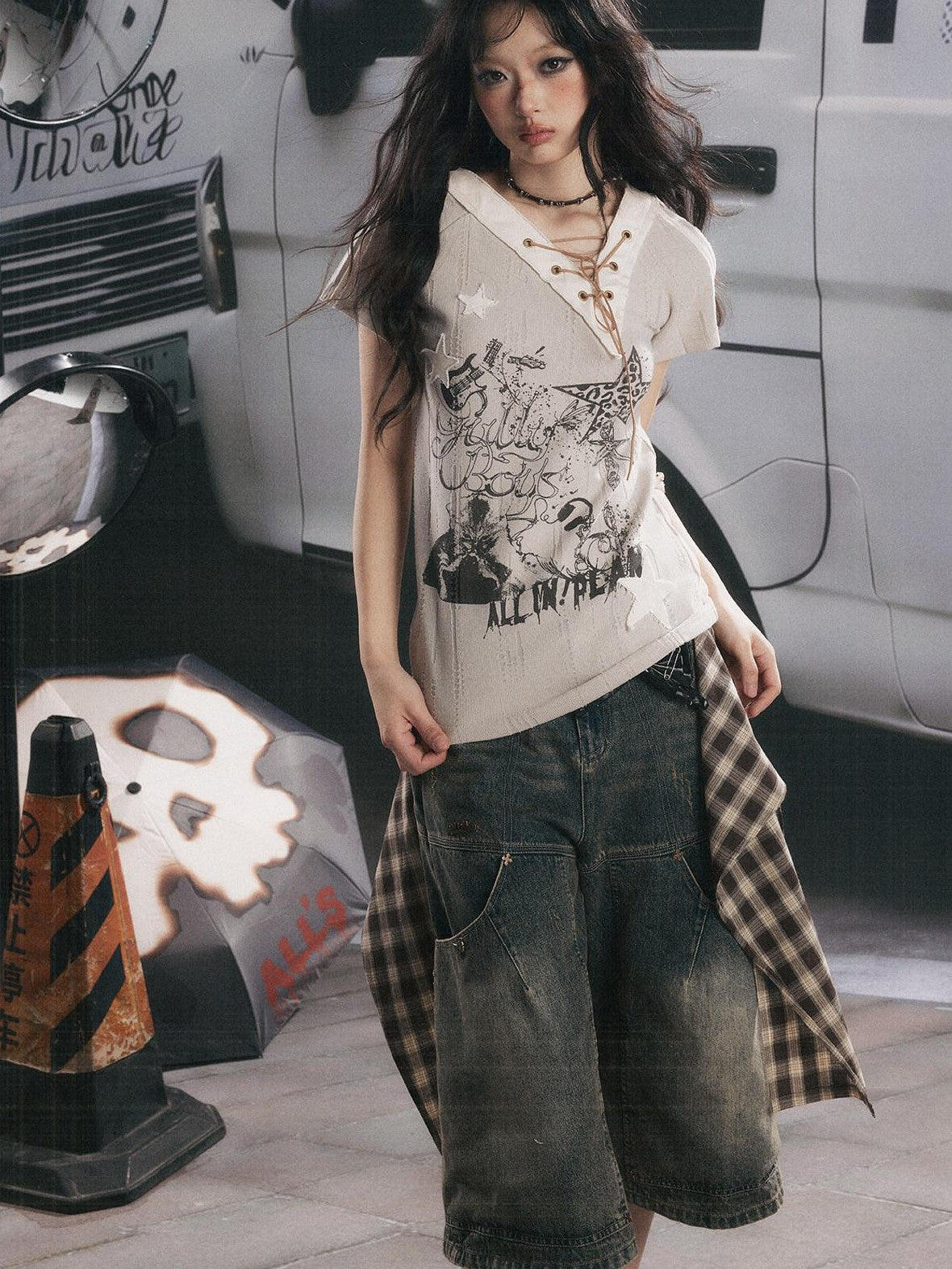 ALL iN plan Khaki V-neck Drawstring Letter Print Women&