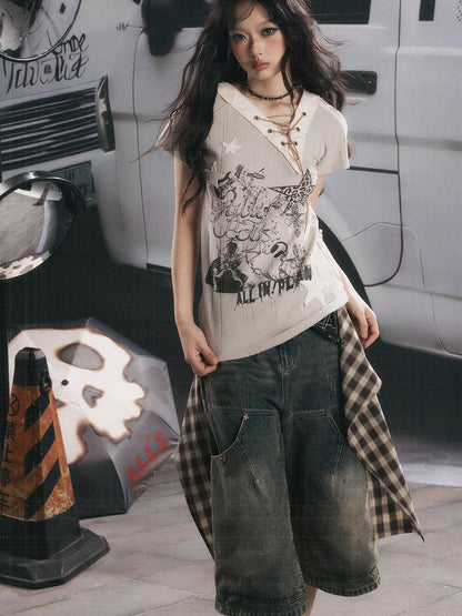 ALL iN plan Khaki V-neck Drawstring Letter Print Women&