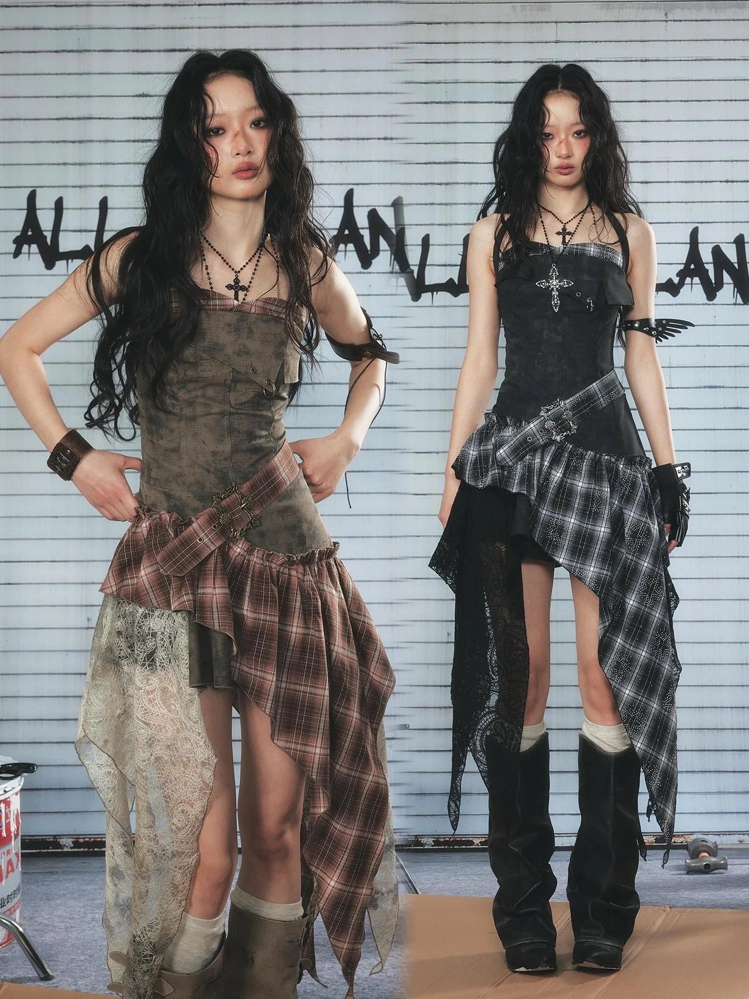 Lace Checkered Asymmetric Hem Belted Dress