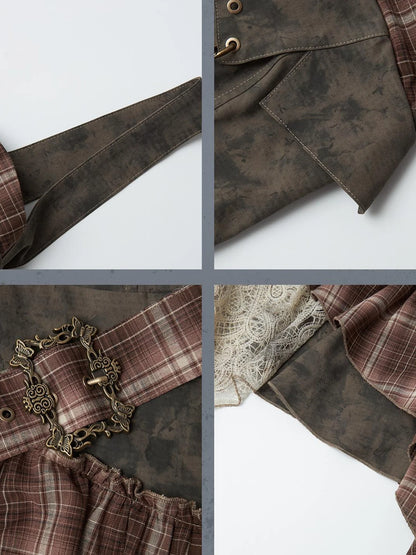 Lace Checkered Asymmetric Hem Belted Dress