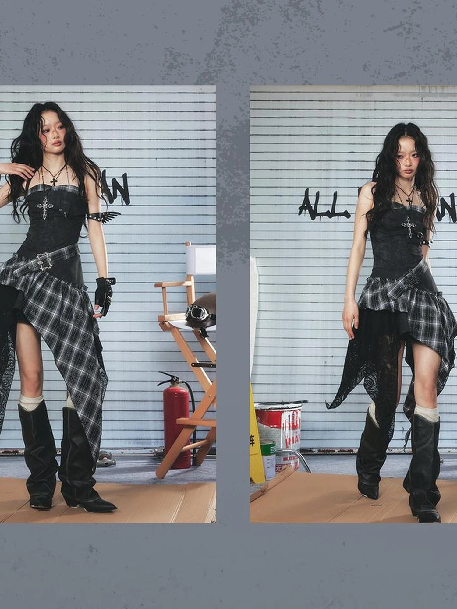 Lace Checkered Asymmetric Hem Belted Dress