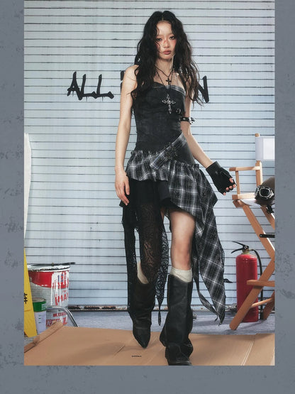 Lace Checkered Asymmetric Hem Belted Dress