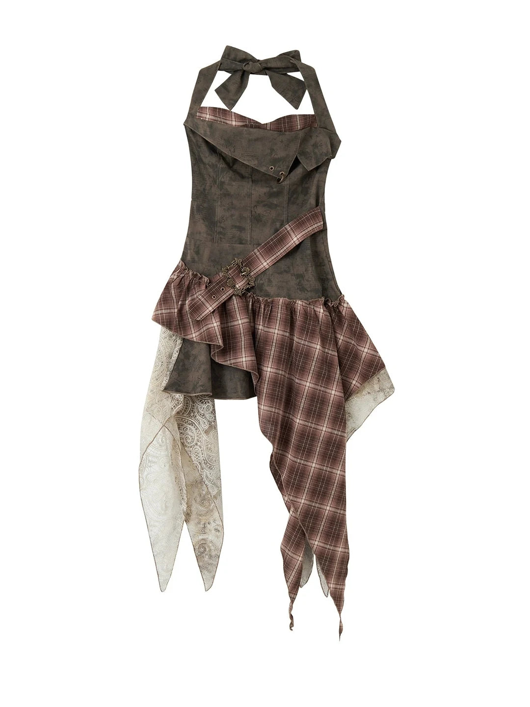 Lace Checkered Asymmetric Hem Belted Dress