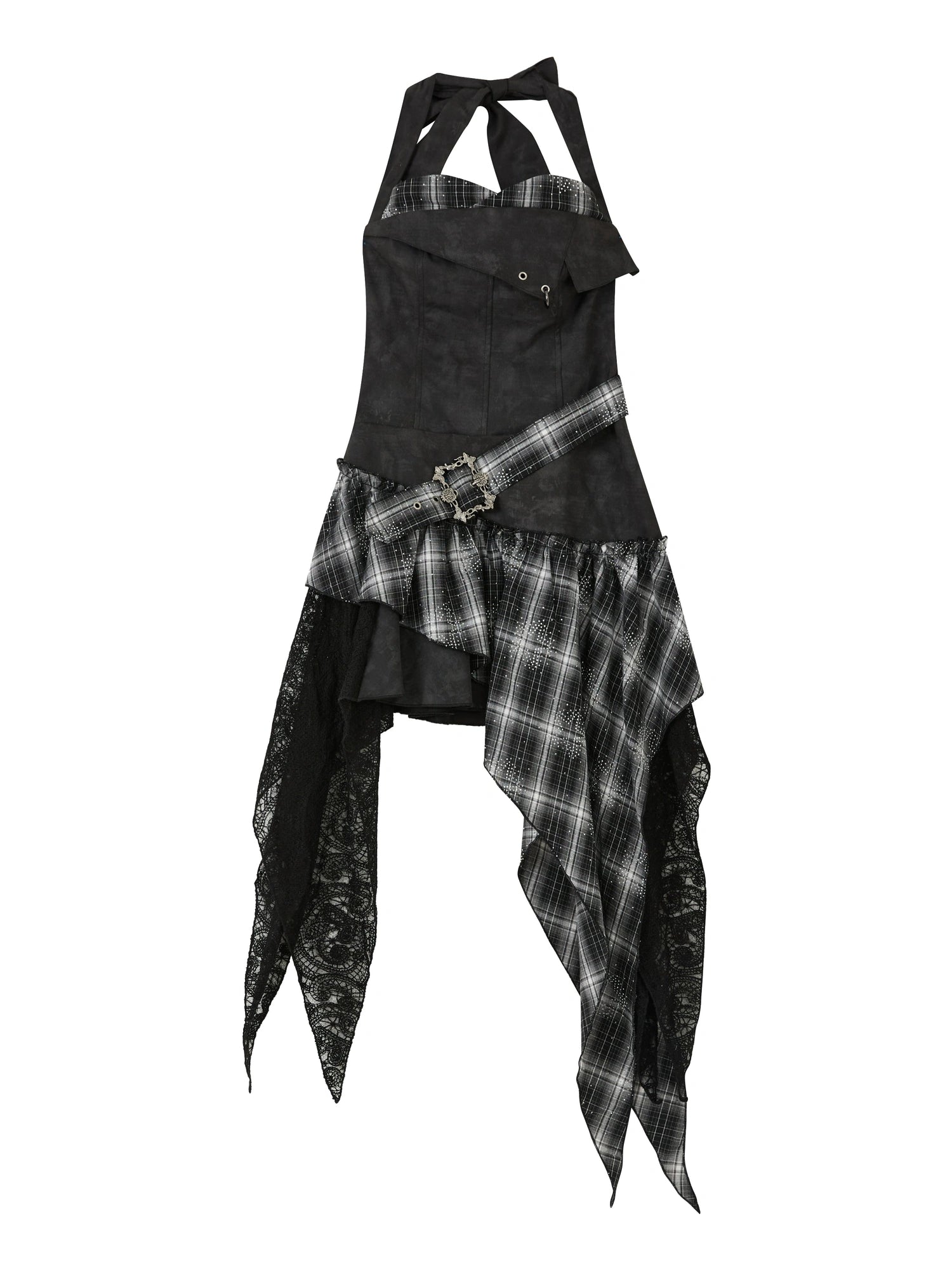 Lace Checkered Asymmetric Hem Belted Dress