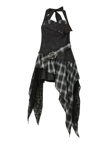 Lace Checkered Asymmetric Hem Belted Dress