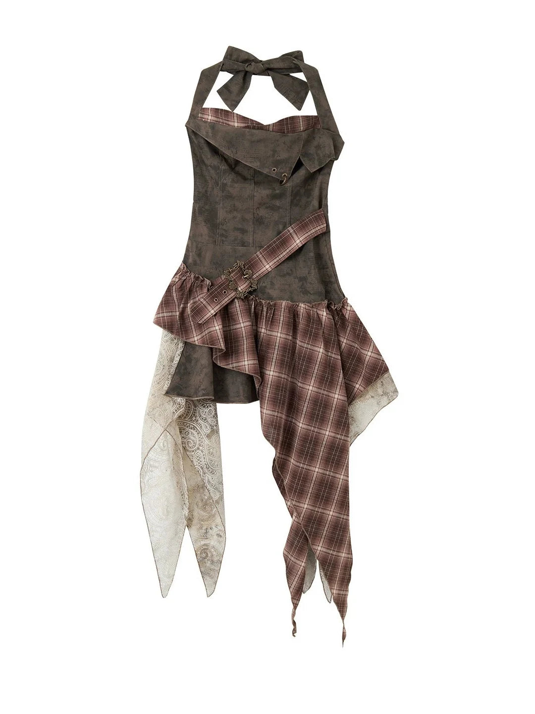 Lace Checkered Asymmetric Hem Belted Dress