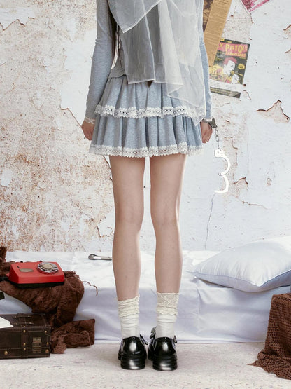 Lace Trimmed Knitted Layered Mini Skirt With Wide Waistband