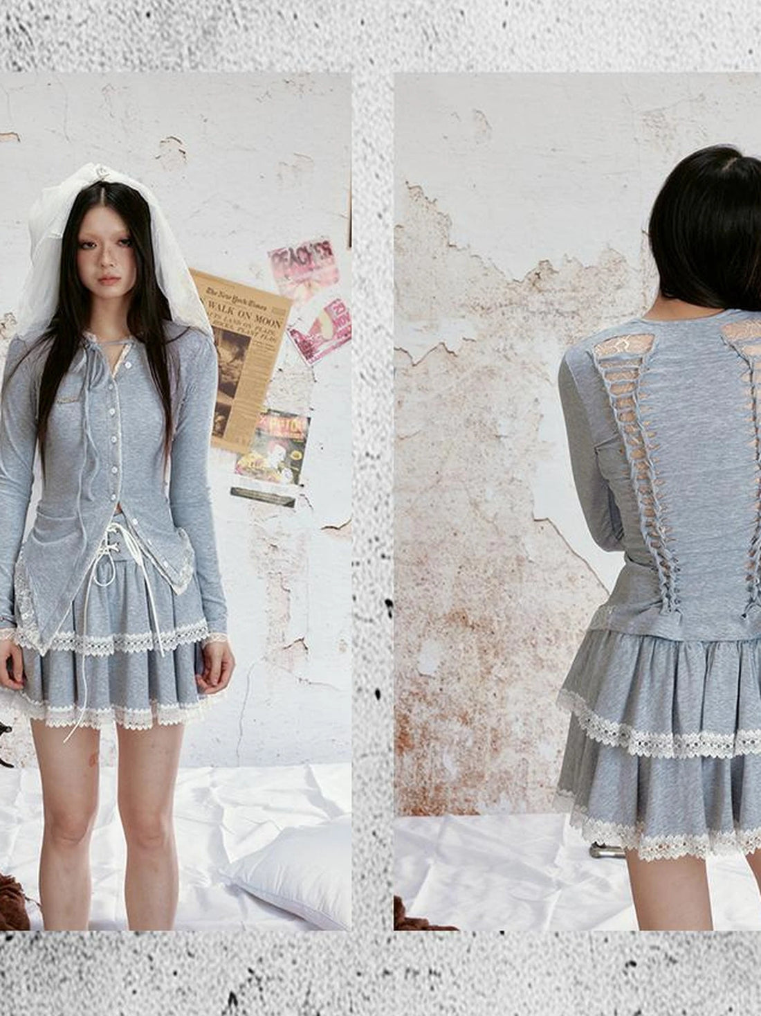 Lace Trimmed Knitted Layered Mini Skirt With Wide Waistband